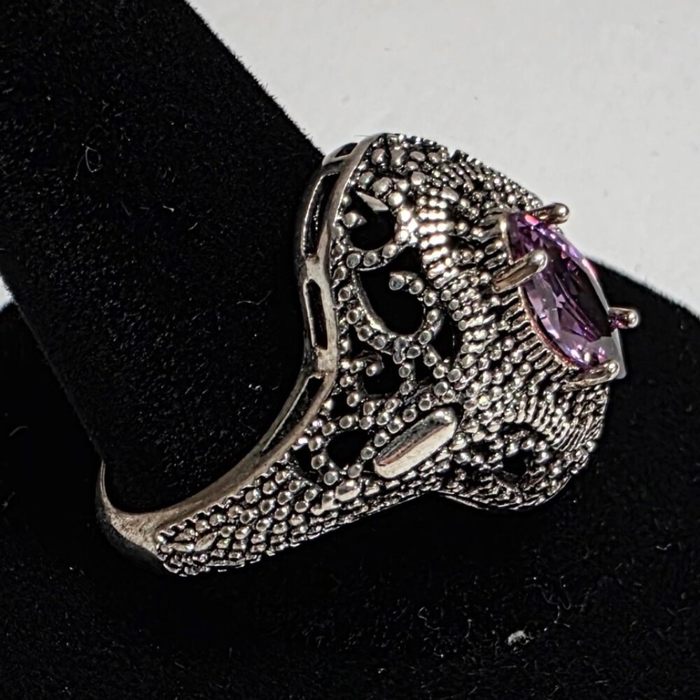 Antique Style Purple Stone Ring Silver Tone | EU 19 (US 9) - Picture 2 of 6
